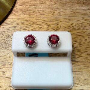 Elegant 925 Sterling Silver Ruby Red corundum halo Stud Earrings